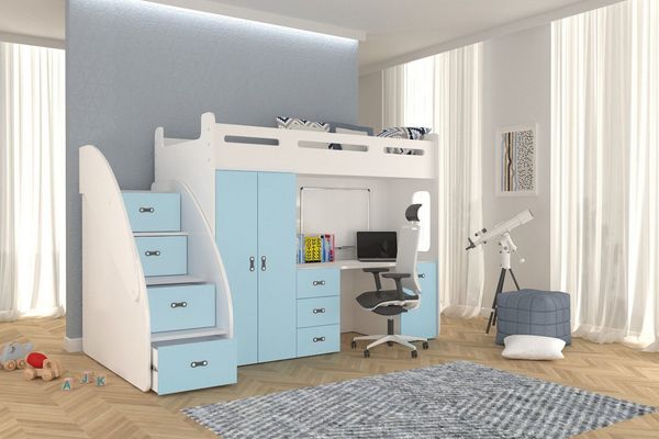 thematys Etagenbett 80x200cm mit Treppe, Schrank und Schreibtisch Hochglanz (für Jungen und Mädchen, Jugendbett, Kleiderschrank, Kinderzimmer, 3 in 1, 180cm x 130cm x 259cm)