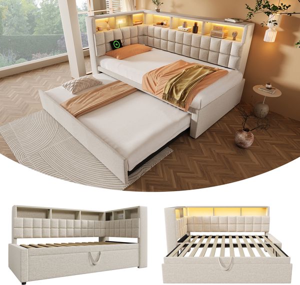 Leinen Polsterbett, mit Ausziehbett LED Bluetooth USB Type-C Ladeanschluss L-Kopfteil mit Stauraum ohne Matratze, Leinen, Beige, 90 x 200 cm