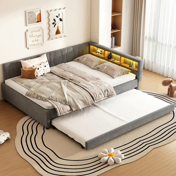 Schlafsofa mit LED-Beleuchtung und Gästebett, Polsterbett mit Lattenrost, Regal und Mehrfachsteckdose, 140x200 cm, Doppelbett, Leinen