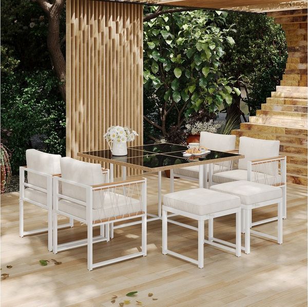 Merax Sitzgruppe aus Akazienholz und Polyratten, (7-tlg, Gartengarnitur Gartenlounge Balkonmöbel), Gartenmöbel-Set für 6 Personen, Essgruppe mit Sessel, Hocker & Tisch