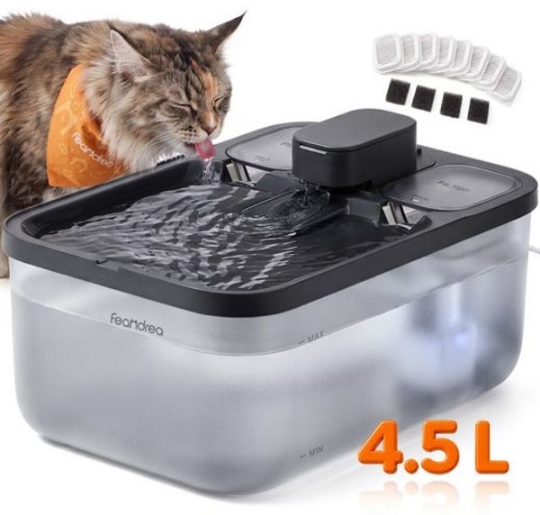 Feandrea Katzenbrunnen, 4,5 L Trinkbrunnen für Katzen, Leiser Wasserspender mit 12 Filtern und Trockenlaufschutz, 28,7 x 19,3 x 17,3 cm, Schwarz, für Mehrere Haustiere, Boxal Kollektion