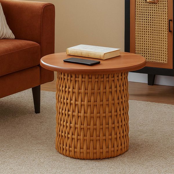 Beistelltisch HWC-P15, Sofa-/Couchtisch Loungetisch Wohnzimmertisch Pflanzentisch Tisch, Mahagoniholz Rattan rund Ø44cm