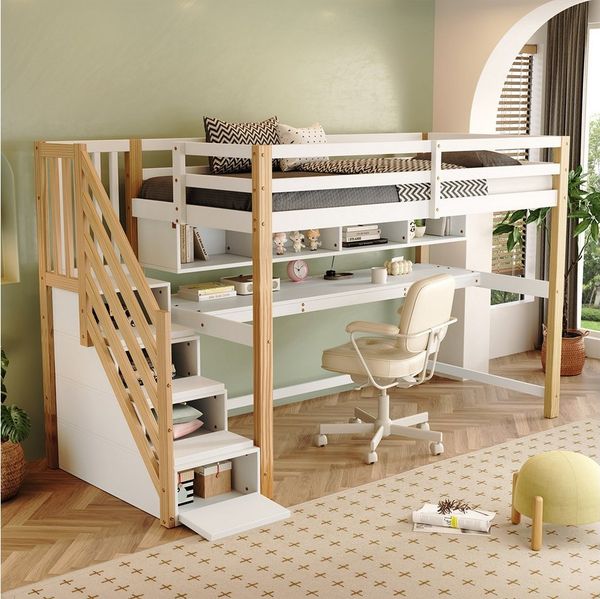 autolock Hochbett Kinderhochbett mit Stauraumtreppe 90*200cm, natürlich und weiß