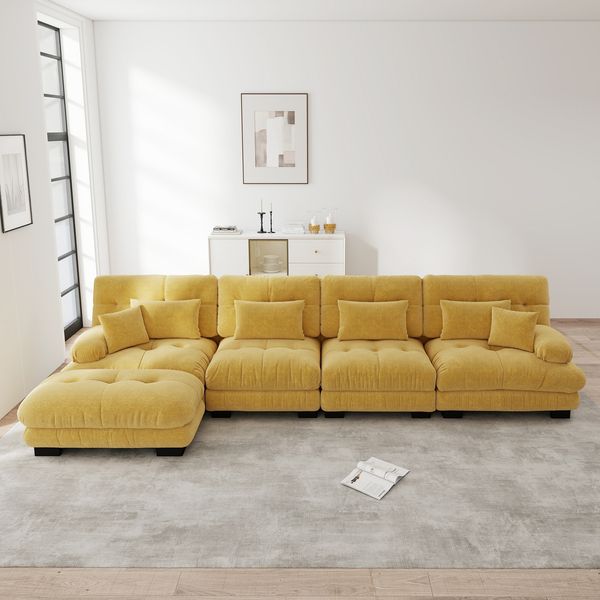 4-Sitzer Wohnlandschaft H 81 x T 406 x B 145 cm aus Chenille, modular erweiterbar, gelb