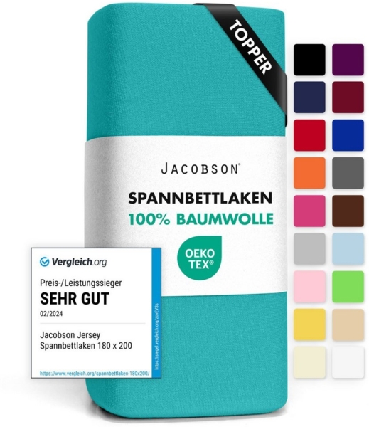 JACOBSON Jersey Spannbettlaken Spannbetttuch Baumwolle Bettlaken (Topper 140-160x200 cm, Türkis)