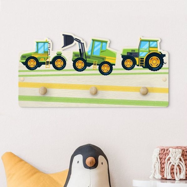 Bilderdepot24 Garderobenpaneel grün Bauernhof Erntemaschine, Traktor und Co (Kindergarderobe holz Kleiderhaken für die Wand inkl. Montagematerial), moderne Wand Garderobenleiste Flur - kleine Hakenleiste Kinderzimmer