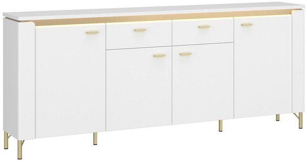 Lomadox Sideboard LUKA-129, weiß mit goldfarbenen Akzenten, 2 Schubladen, Breite 200cm
