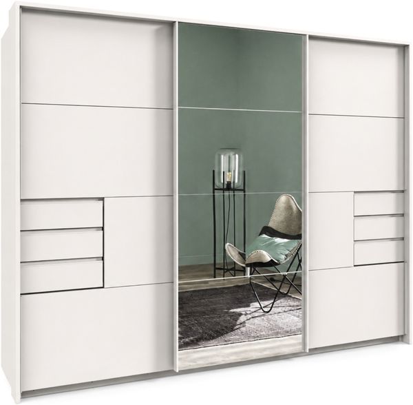 Schwebetürenschrank Kleiderschrank 3-trg 273cm Weiß mit Spiegel und Passepartout