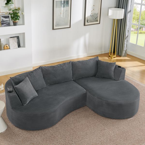 3-Sitzer Kompressionssofa aus Kordstoff, bogenförmiges Design, 264 x 168 x 76 cm, grau