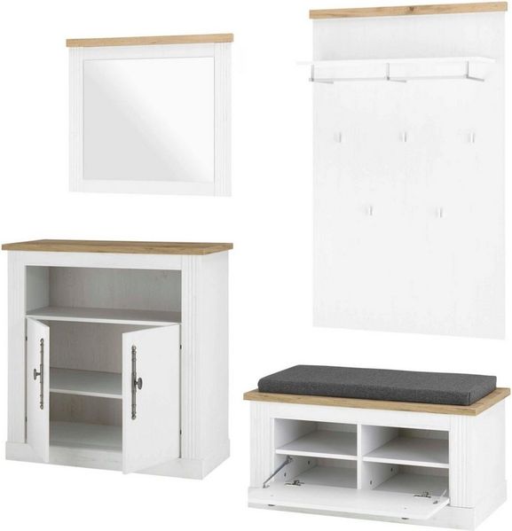 OTTO home Garderoben-Set WESTMINSTER, (4-St, Schuhbank, Spiegel, Kommode, Wandpaneel), im romantischen Landhausstil