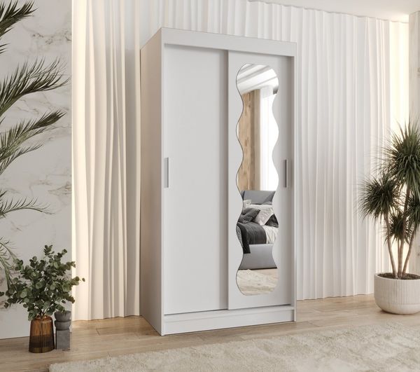 MOEBLO Schiebetürenschrank VIVARA (mit wellenförmigem Spiegel, moderner Kleiderschrank mit Schiebetüren, viel Stauraum, 4 Farben & 6 Breiten, Schlafzimmer Garderobenschrank Schwebetürenschrank Schrank Schiebtüren) (BxHxT): : 100 / 120 / 150 / 180 / 200...