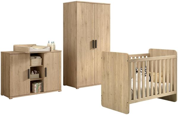 SAM Artikel-Set 4-tlg. best aus, Kommode inkl. Wickelaufsatz, Baby-Bett, Kleiderschrank 2-trg, Ausf. Eiche Melamin Dekor