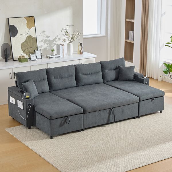 LVHOM Ecksofa mit Schlaffunktion L-Form, Schlafsofa mit Bettkasten, Loungesofa mit USB-C-Anschluss, Seitentaschen und Becherhaltern, Polstersofa aus Linen, Bettsofa ausziehbar 4 Sitzer