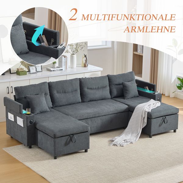 LVHOM Ecksofa mit Schlaffunktion L-Form, Schlafsofa mit Bettkasten, Loungesofa mit USB-C-Anschluss, Seitentaschen und Becherhaltern, Polstersofa aus Linen, Bettsofa ausziehbar 4 Sitzer Bild 5
