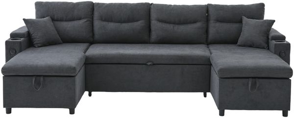 LVHOM Ecksofa mit Schlaffunktion L-Form, Schlafsofa mit Bettkasten, Loungesofa mit USB-C-Anschluss, Seitentaschen und Becherhaltern, Polstersofa aus Linen, Bettsofa ausziehbar 4 Sitzer Bild 2