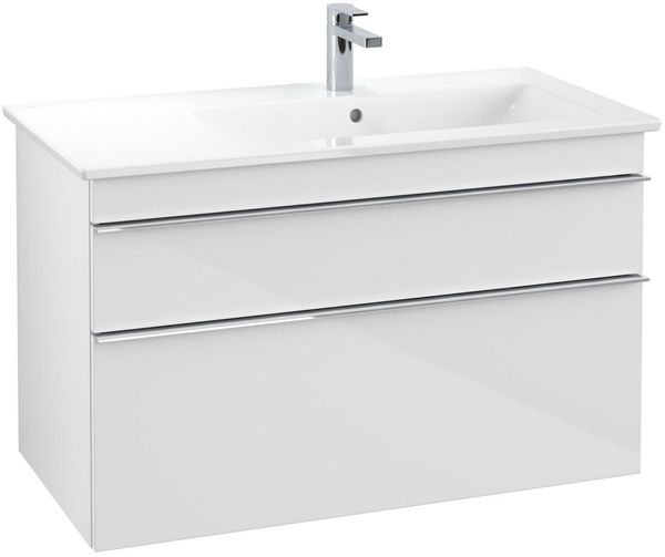 VILLEROY & BOCH VENTICELLO Waschbeckenunterschrank 95 cm breit, Weiß, Griff Chrom, 2 Schubladen, Ablage links