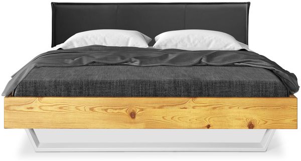 Möbel-Eins CURBY Kufenbett mit Polster-Kopfteil, Material Massivholz, rustikale Altholzoptik, Fichte, Kufen Weiß natur 120x220 cm Kunstleder Schwarz