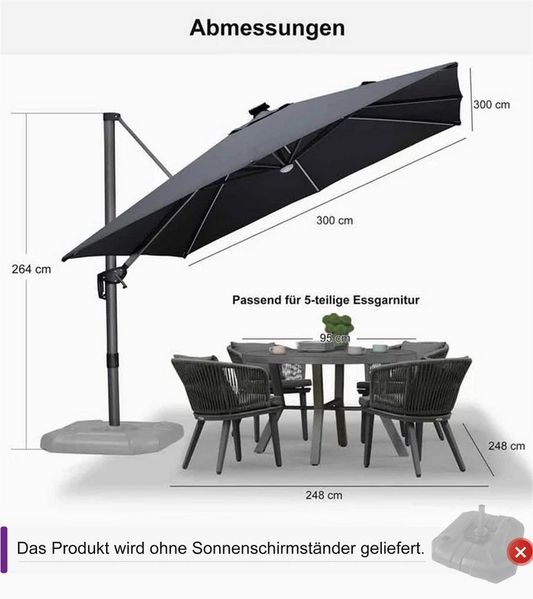 PURPLE LEAF Sonnenschirm Quadratischer Alu Groß Ampelschirm mit LED Licht, LxB: 300,00x300,00 cm, 360°Rotation, Sonnenschutz UV50+, für Garten, Pool, Patio