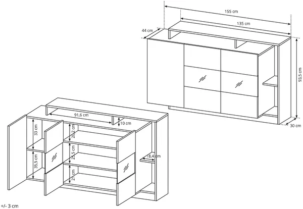 Vente-unique 'IDESIA' Sideboard mit 3 Türen, 3 Ablagen & LED-Beleuchtung, Holzspanplatte anthrazit / naturfarben, 155 x 44 x 93,5 cm Bild 5