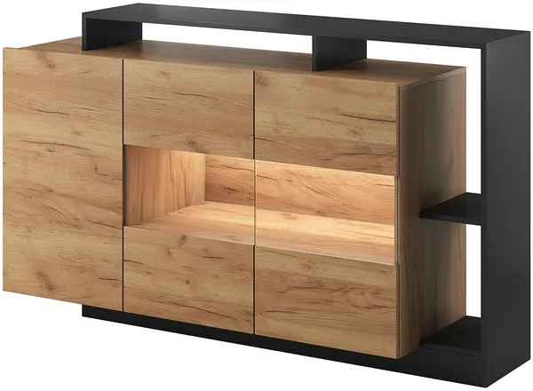 Vente-unique 'IDESIA' Sideboard mit 3 Türen, 3 Ablagen & LED-Beleuchtung, Holzspanplatte anthrazit / naturfarben, 155 x 44 x 93,5 cm Bild 3