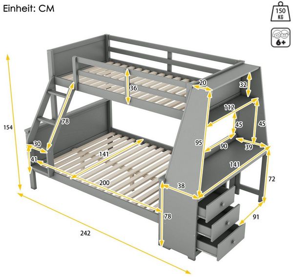 Flieks Etagenbett, Holzbett Kinderbett 90x200cm/140x200cm mit Schreibtisch und Stauraum Bild 3