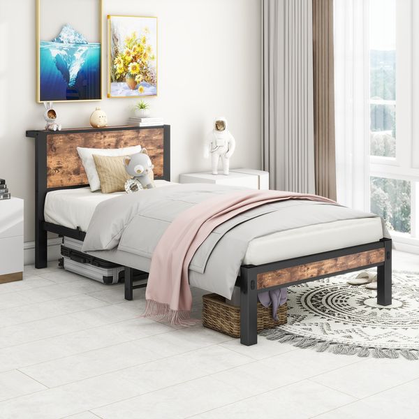 Flieks Einzelbett 90 x 200cm, Metallbett mit Stauraum-Kopfteil, Braun