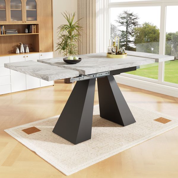 Ausziehbarer Esstisch 99-159 x 74 x 77 cm, MDF in Marmoroptik, Metallbeine, grau-schwarz