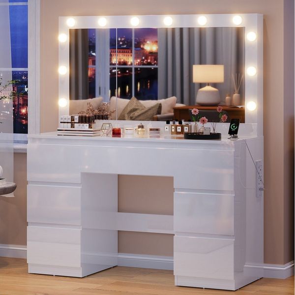 HOMALL Schminktisch Großer Schminktisch, Maße 115/120 x 40 x 140 cm, mit Schmuckschrank (LED-Beleuchtung und Steckdosen, 105 cm großer Spiegel, mit 7 Schubladen, optional mit Hocker – ostern geschenke)
