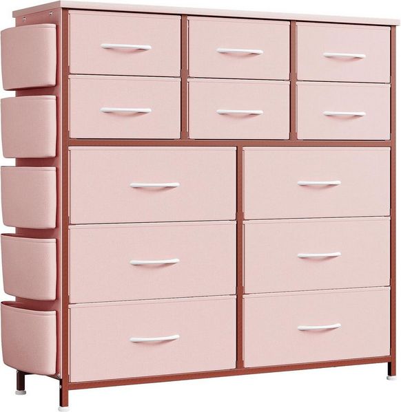 GarveeMore Kommode mit 12 Schubladen,5 Seitentaschen und 2 Haken,stabiler Metallrahmen, 6 mittlere Schubladen und 6 große Schubladen,100x99x30cm