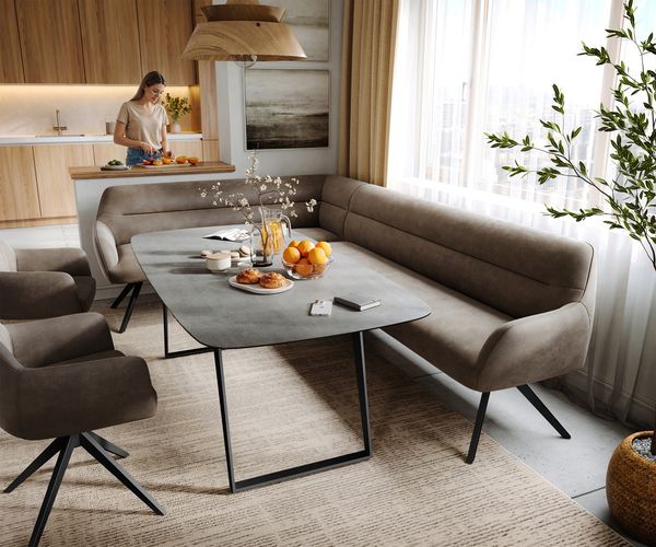 Esszimmerbank Taya-Flex 285x190 cm Mikrofaser Taupe Vintage Kreuzgestell kantig Schwarz Taschenfederkern Rechts