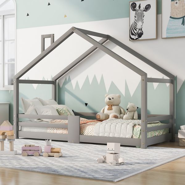 Kindereinzelbett 90×200 cm aus Kiefernholz mit Rausfallschutz, grau