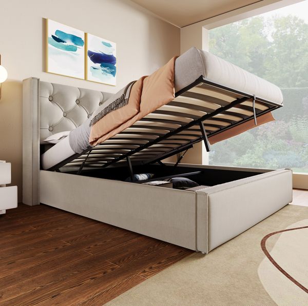 Polsterbett 160x200 cm mit Bettkasten – gepolstertes Doppelbett aus Baumwolle, Grau
