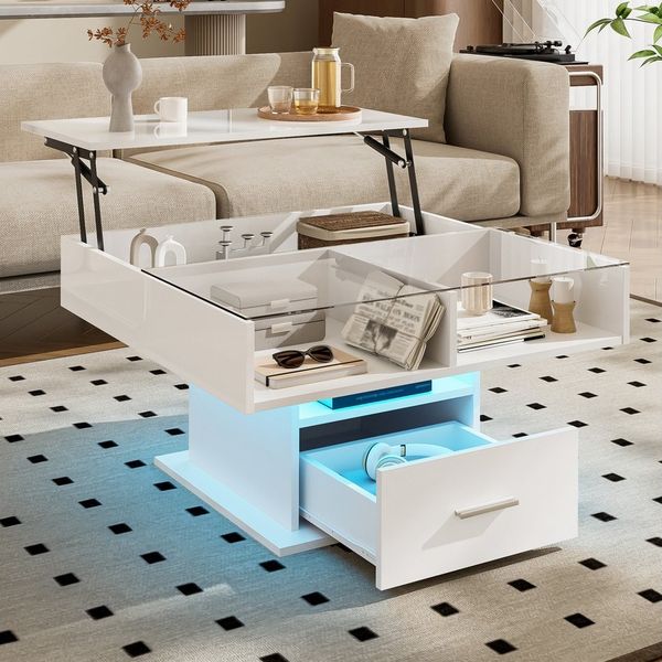 Merax Couchtisch Hochglanz-Lift-Sofatisch Beistelltisch mit LED-Beleuchtung (78 L x 78 B x 45,5 / 59,5 H, 1-St), Wohnzimmertisch höhenverstellbar mit Schublade & verdeckten Stauraum