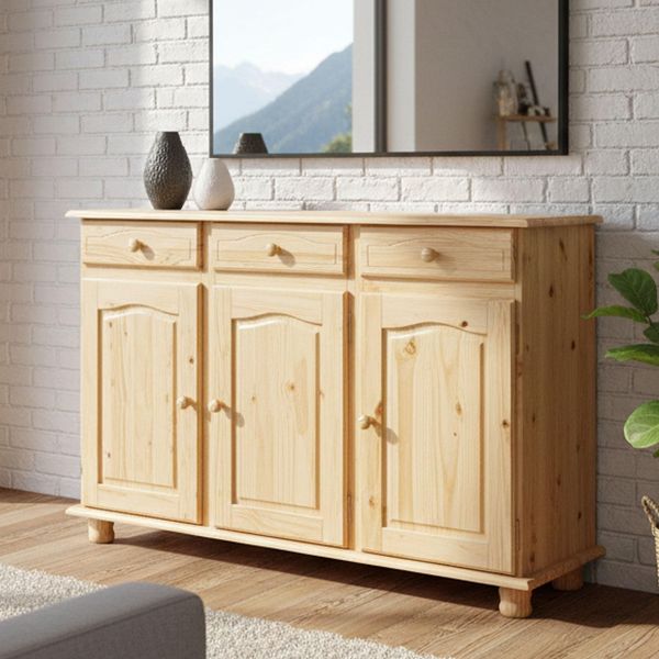 Dmora Sideboard mit drei Türen und drei Schubladen, braune Farbe, 130 x 87 x 43 cm.