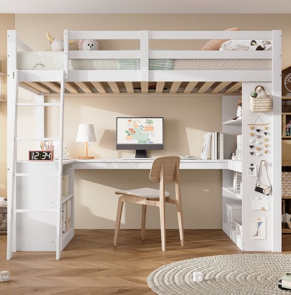 Hochbett Kinderbett mit Ablageregal & Schrägleiter, 90x200 cm, Weiß, ohne Matratze