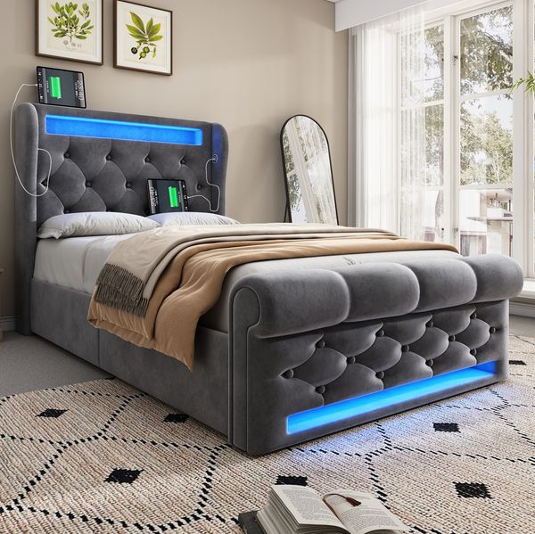 Polsterbett 90x200 cm mit LED-Lichtstreifen, USB-/Typ-C-Ladestation und Stauraum, Samt in Grau