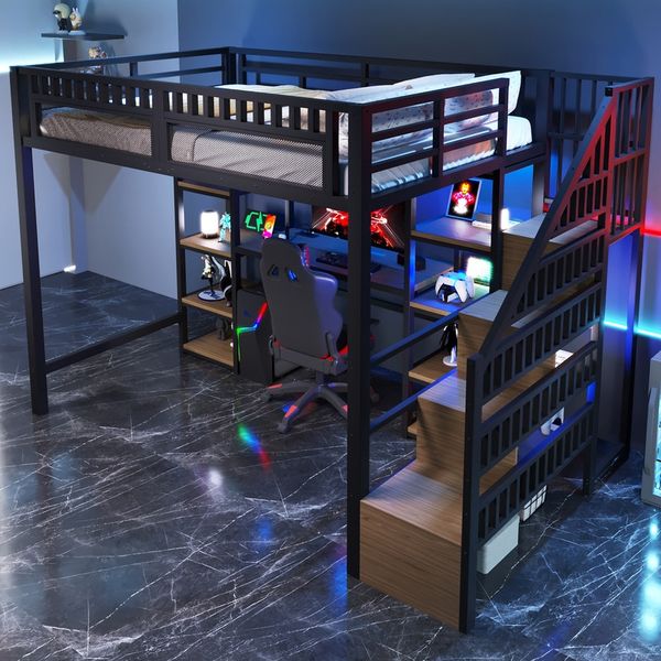 Hochbett, 140 x 200 cm, Eisenrahmen, Ablagefach, Leiter mit Stauraum, Schreibtisch, LED-Lichtleiste, USB-Anschluss inklusive, ohne Matratze, Schwarz