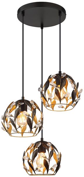 Pendelleuchte, Metall, Schwarz, Gold, Kristalle