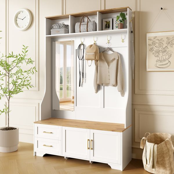Garderobenschrank 120 x 40 x 187 cm mit LED, Spiegel, Haken, Schubladen, Sitzbank, viel Stauraum für Flur & Eingangsbereich