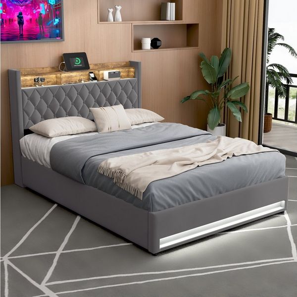 HAUSS SPOLE Polsterbett 140x200cm mit matratze und USB, 2 Steckdosen, LED Metallrahmen, Beige (LED Doppelbett mit Lattenrost, Ohne Matratze), Modernes Design Jugendbett