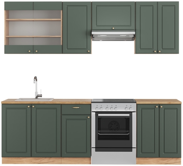 Küchenzeile Fame-Line Grün-Gold Landhaus/Goldkraft Eiche 240 cm ohne Arbeitsplatte Vicco