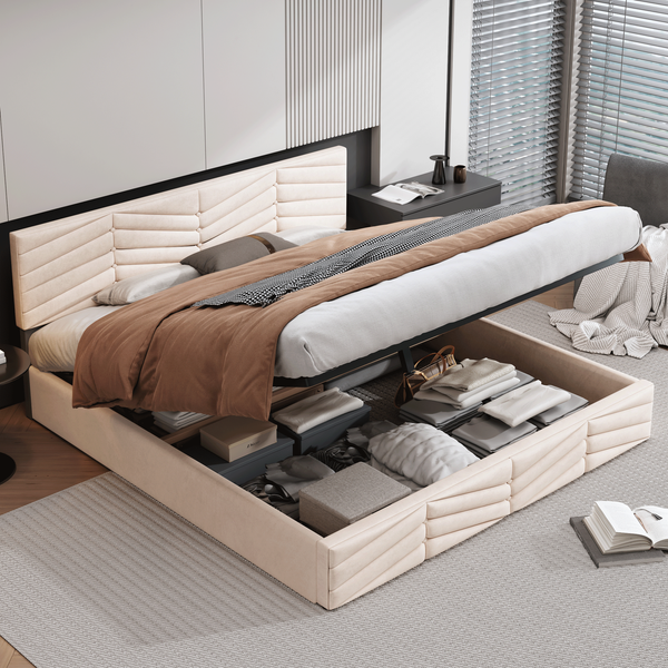 Polsterbett mit höhenverstellbarem Kopfteil,205.5*165*90-95 cm, Beige Stauraumbett