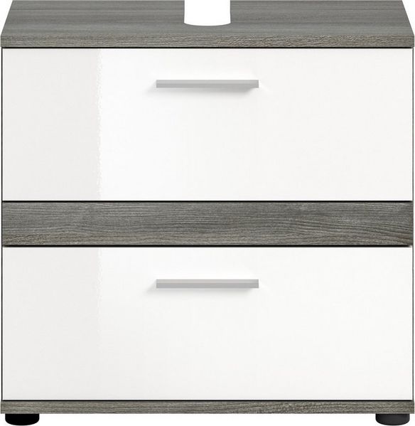 furnling Waschbeckenunterschrank Blaine Badezimmerschrank, Waschtischschrank mit 2 Schubladen, großzügiger Stauraum, Badmöbel, Rauchsilber/weiß