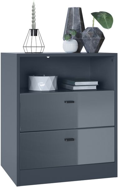 Vladon Kommode Pino V1, Nachttisch mit 2 Schubladen & 1 offenem Fach, Anthrazit matt/Grau Hochglanz ohne LED (56 x 67,5 x 36 cm)