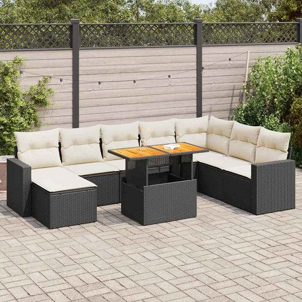 vidaXL 9-tlg. Garten-Sofagarnitur mit Kissen Schwarz Poly Rattan 3327073