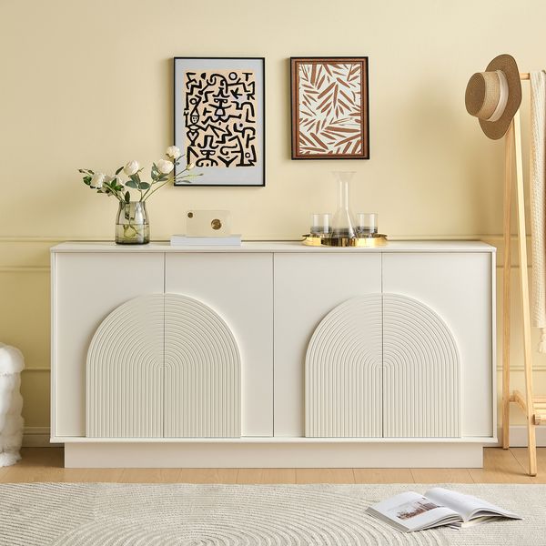 Merax Sideboard mit gewölbten Türen – 4-Türiger Aufbewahrungsschrank für Wohnzimmer & Esszimmer, MDF-Konstruktion mit matter Oberfläche, weiß