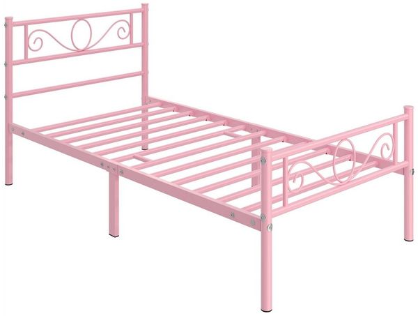 Yaheetech Metallbett mit Kopf- und Fußteil & Lattenrost, Hellrosa, 90x190 cm