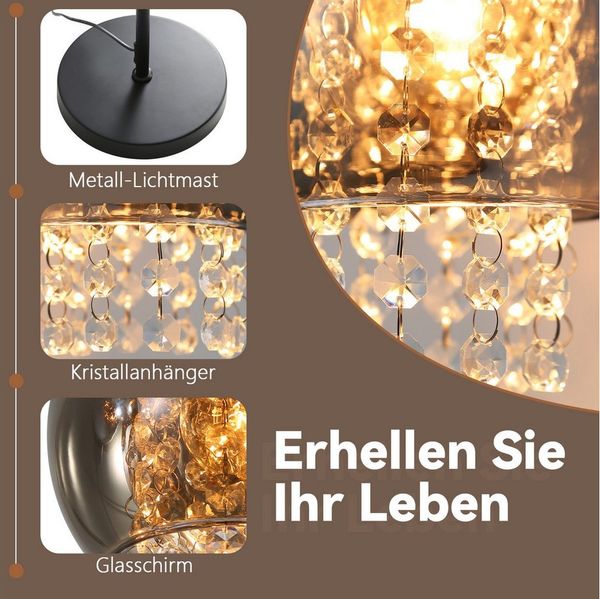 Nettlife Stehlampe Rauchgrau Glas Kristall E27 Modern Wohnzimmer mit Fußschalter, LED wechselbar, Standleuchte für Büro Sofa Kinderzimmer Hotel