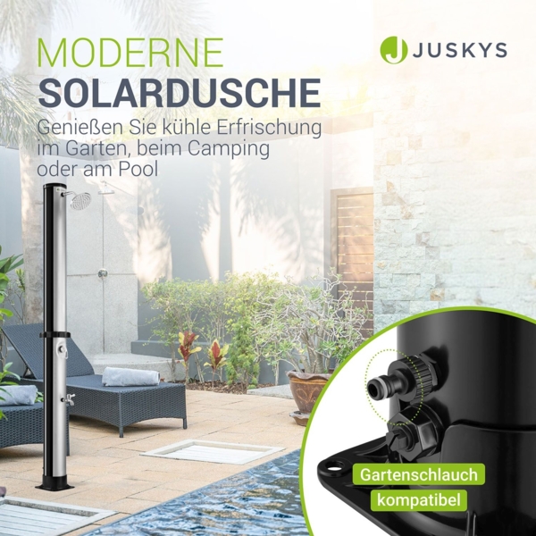 Juskys Solardusche Victoria 40 Liter - 225 cm - bis 60°C – mit schwenkbarem Duschkopf, Fußdusche & Gartenschlauch Anschluss Gartendusche Außendusche Bild 2