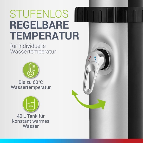 Juskys Solardusche Victoria 40 Liter - 225 cm - bis 60°C – mit schwenkbarem Duschkopf, Fußdusche & Gartenschlauch Anschluss Gartendusche Außendusche Bild 4